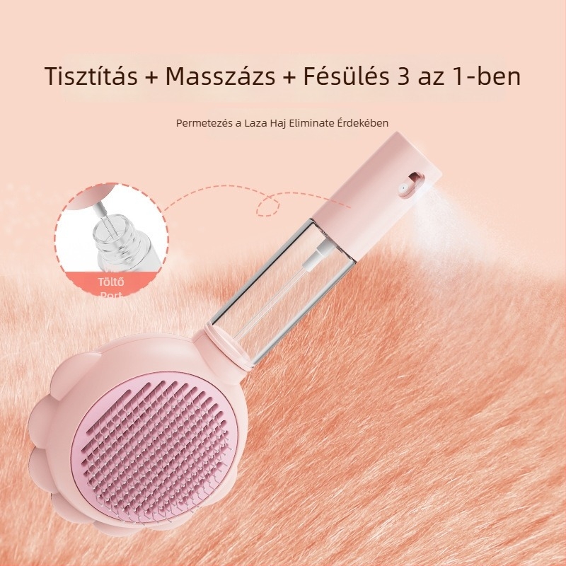 Állati szőrápoló permetezős fésű – fésű tűkkel macskáknak és kutyáknak, eszköz a szőrszálak eltávolítására és simítására, anyagok: PP/TPR/ABS rozsdamentes acél