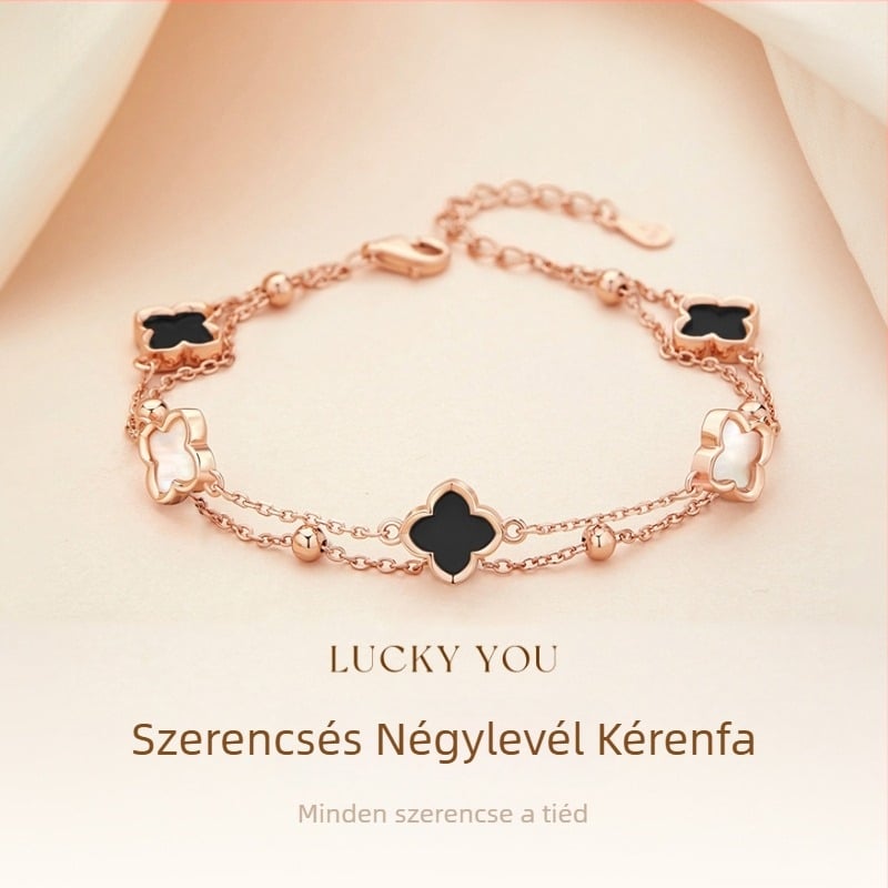 S925 ezüst karkötő agáttal, négylevelű lóhere, kettős rétegű virágos dizájn, női könnyű luxus stílus