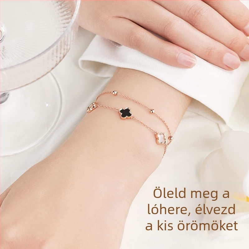 S925 ezüst karkötő agáttal, négylevelű lóhere, kettős rétegű virágos dizájn, női könnyű luxus stílus