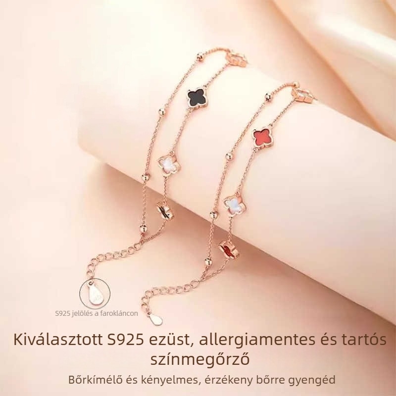 S925 ezüst karkötő agáttal, négylevelű lóhere, kettős rétegű virágos dizájn, női könnyű luxus stílus