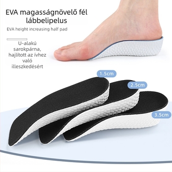 Magasságnövelő fél talpbetét, uniszex, könnyű EVA és lélegző hálós szerkezet; modell 036, alkalmas sportcipőkhöz és bőrcipőkhöz.