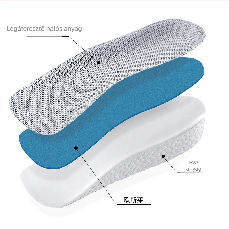 Magasságnövelő fél talpbetét, uniszex, könnyű EVA és lélegző hálós szerkezet; modell 036, alkalmas sportcipőkhöz és bőrcipőkhöz.