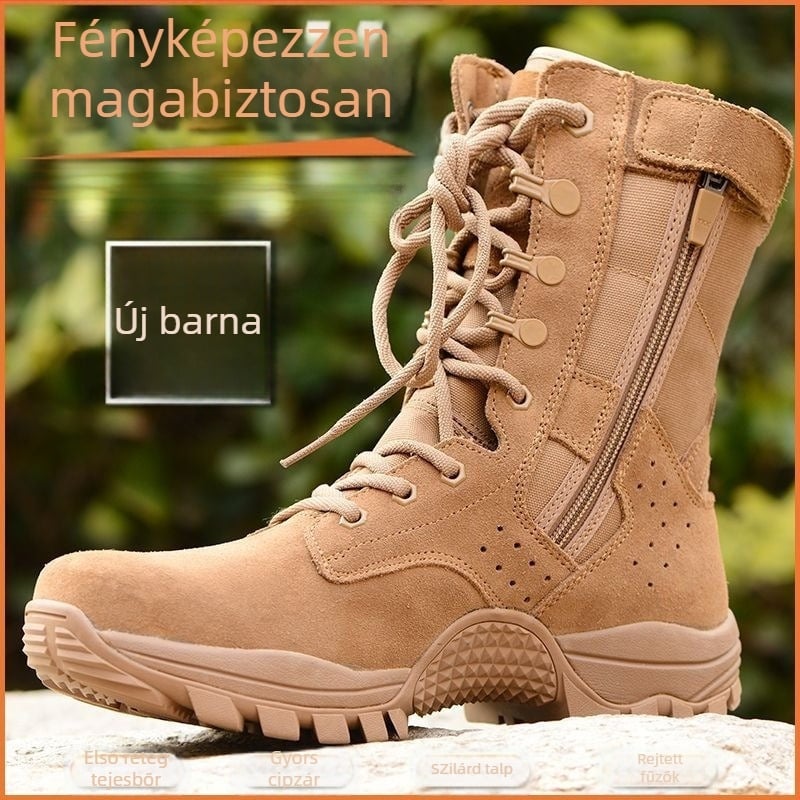 Magas szárú katonai stílusú bakancs túrázáshoz — Felső rész: szuper rost és mikroszálas bőr; Talp: gumi, csúszásmentes és kopásálló; Vízálló, lélegző, gyorsan száradó és könnyű; Magas szárú kialakítás, alacsony sarok 1–3 cm