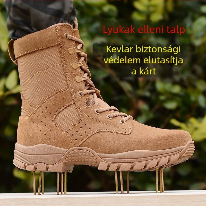 Magas szárú katonai stílusú bakancs túrázáshoz — Felső rész: szuper rost és mikroszálas bőr; Talp: gumi, csúszásmentes és kopásálló; Vízálló, lélegző, gyorsan száradó és könnyű; Magas szárú kialakítás, alacsony sarok 1–3 cm