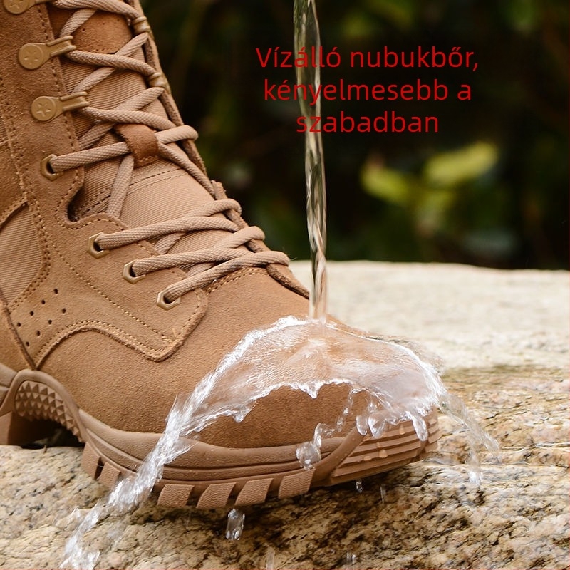 Magas szárú katonai stílusú bakancs túrázáshoz — Felső rész: szuper rost és mikroszálas bőr; Talp: gumi, csúszásmentes és kopásálló; Vízálló, lélegző, gyorsan száradó és könnyű; Magas szárú kialakítás, alacsony sarok 1–3 cm