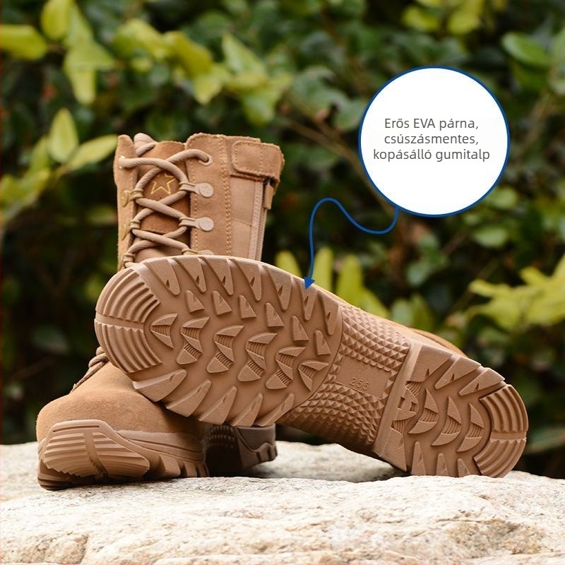 Magas szárú katonai stílusú bakancs túrázáshoz — Felső rész: szuper rost és mikroszálas bőr; Talp: gumi, csúszásmentes és kopásálló; Vízálló, lélegző, gyorsan száradó és könnyű; Magas szárú kialakítás, alacsony sarok 1–3 cm