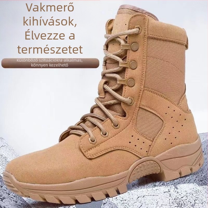 Magas szárú katonai stílusú bakancs túrázáshoz — Felső rész: szuper rost és mikroszálas bőr; Talp: gumi, csúszásmentes és kopásálló; Vízálló, lélegző, gyorsan száradó és könnyű; Magas szárú kialakítás, alacsony sarok 1–3 cm