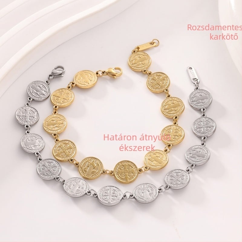 Női karkötő Szent Benedek-mintával, rozsdamentes acél, elektroplattázás, geometriai kialakítás, utazási ajándék