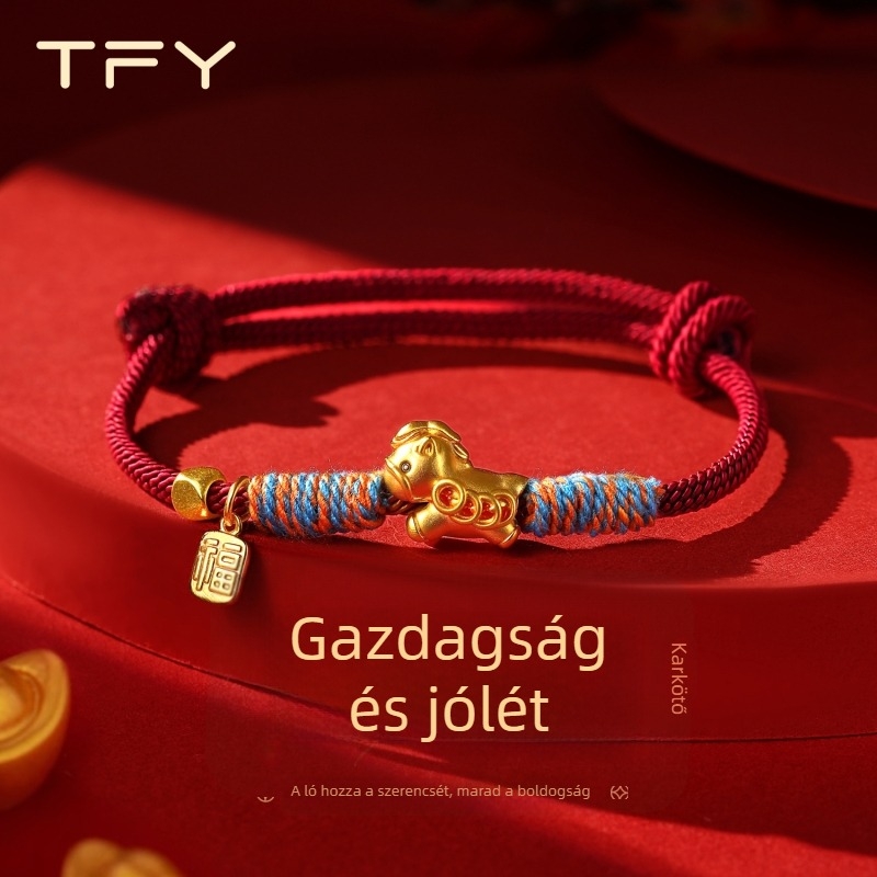 Ting Le kézzel fűzött zsinór karkötő ötvözet és 24K aranyozással, ló év zodiakusa, uniszex divatos kiegészítő