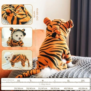 Macska alakváltó jelmez, tigro-dinoszaurusz motívummal, gumiból készült, meleg viselet négy lábra, Nutro/miss márkával