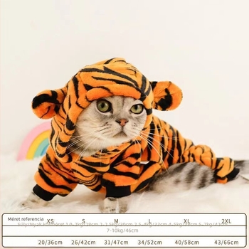Macska alakváltó jelmez, tigro-dinoszaurusz motívummal, gumiból készült, meleg viselet négy lábra, Nutro/miss márkával