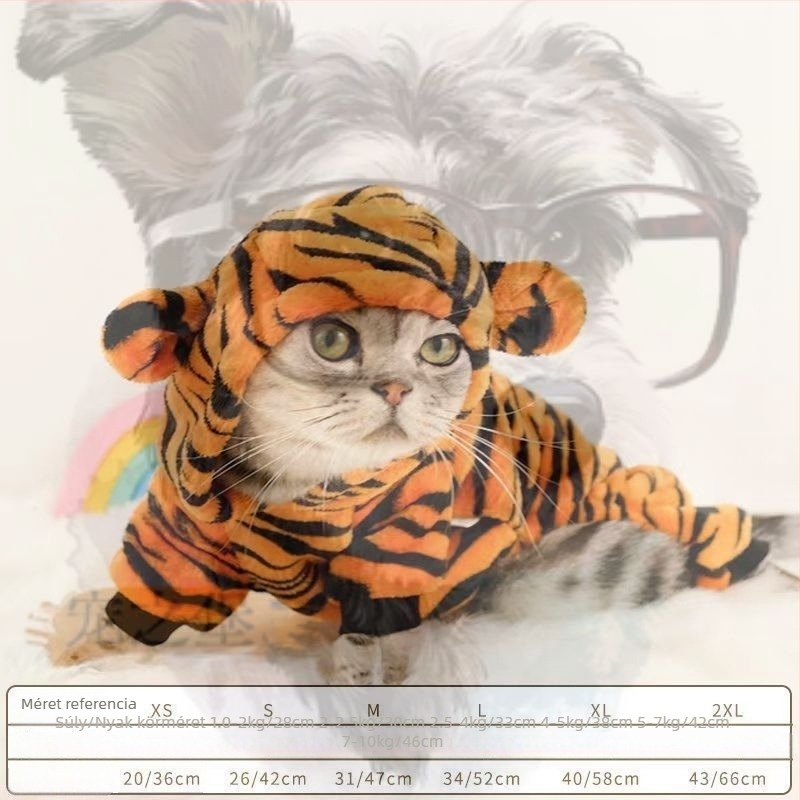 Macska alakváltó jelmez, tigro-dinoszaurusz motívummal, gumiból készült, meleg viselet négy lábra, Nutro/miss márkával