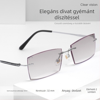 Presbyopikus szemüveg keret nélküli, lencsék műgyanta anyagból, keret ötvözetből, négyzetes dizájn kerek arcra, idős viselőknek, közel- és távollátáshoz kompatibilis