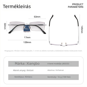 Presbyopikus szemüveg keret nélküli, lencsék műgyanta anyagból, keret ötvözetből, négyzetes dizájn kerek arcra, idős viselőknek, közel- és távollátáshoz kompatibilis