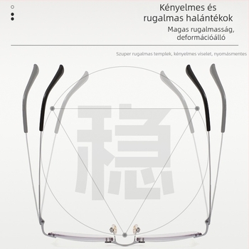 Presbyopikus szemüveg keret nélküli, lencsék műgyanta anyagból, keret ötvözetből, négyzetes dizájn kerek arcra, idős viselőknek, közel- és távollátáshoz kompatibilis