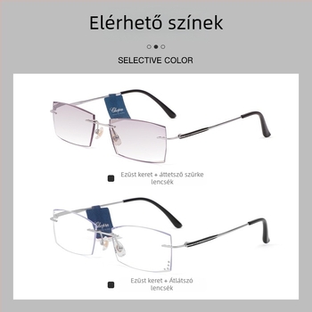 Presbyopikus szemüveg keret nélküli, lencsék műgyanta anyagból, keret ötvözetből, négyzetes dizájn kerek arcra, idős viselőknek, közel- és távollátáshoz kompatibilis