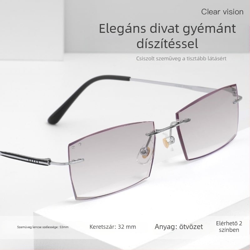 Presbyopikus szemüveg keret nélküli, lencsék műgyanta anyagból, keret ötvözetből, négyzetes dizájn kerek arcra, idős viselőknek, közel- és távollátáshoz kompatibilis