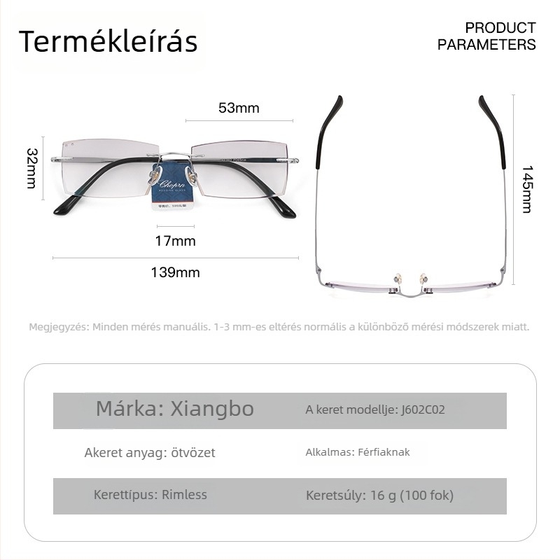 Presbyopikus szemüveg keret nélküli, lencsék műgyanta anyagból, keret ötvözetből, négyzetes dizájn kerek arcra, idős viselőknek, közel- és távollátáshoz kompatibilis