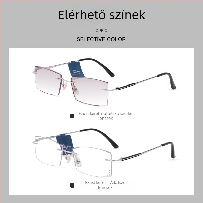 Presbyopikus szemüveg keret nélküli, lencsék műgyanta anyagból, keret ötvözetből, négyzetes dizájn kerek arcra, idős viselőknek, közel- és távollátáshoz kompatibilis