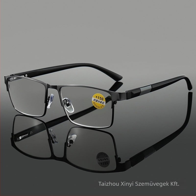 Olvasó szemüveg anti-kék fény lencsékkel, nagy négyszögletes keret, műanyag és fém keret, teljes keret