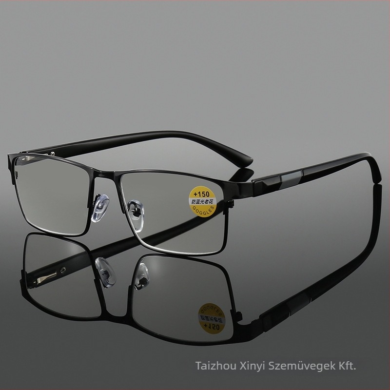 Olvasó szemüveg anti-kék fény lencsékkel, nagy négyszögletes keret, műanyag és fém keret, teljes keret
