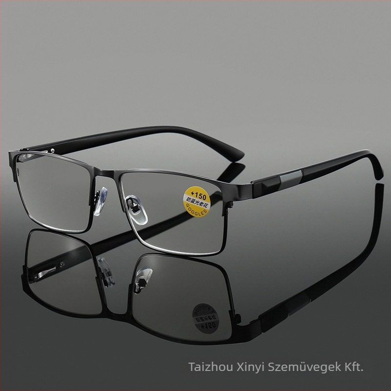Olvasó szemüveg anti-kék fény lencsékkel, nagy négyszögletes keret, műanyag és fém keret, teljes keret