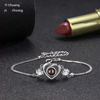 Női S925 ezüst szív alakú karkötő 100 nyelvű fotóprojekcióval