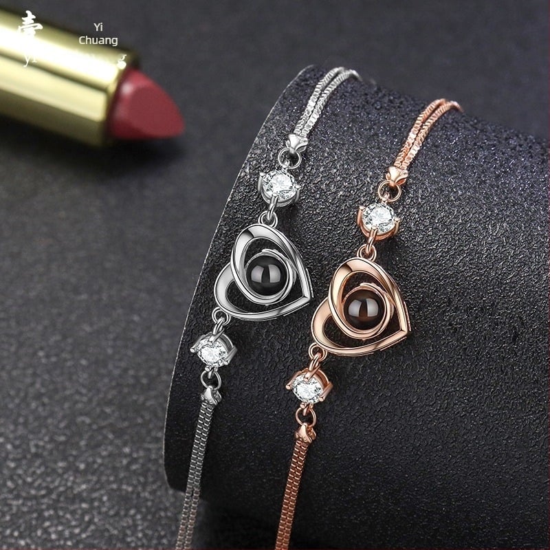 Női S925 ezüst szív alakú karkötő 100 nyelvű fotóprojekcióval