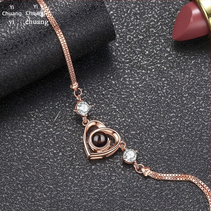 Női S925 ezüst szív alakú karkötő 100 nyelvű fotóprojekcióval