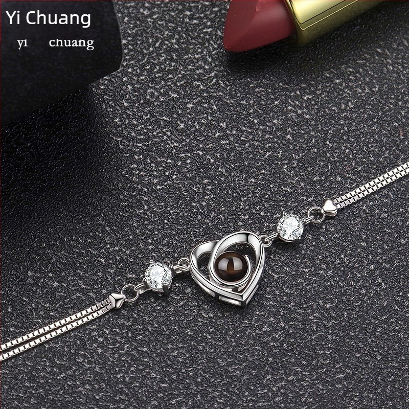 Női S925 ezüst szív alakú karkötő 100 nyelvű fotóprojekcióval