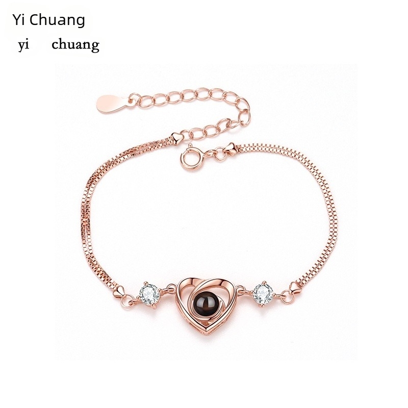 Női S925 ezüst szív alakú karkötő 100 nyelvű fotóprojekcióval