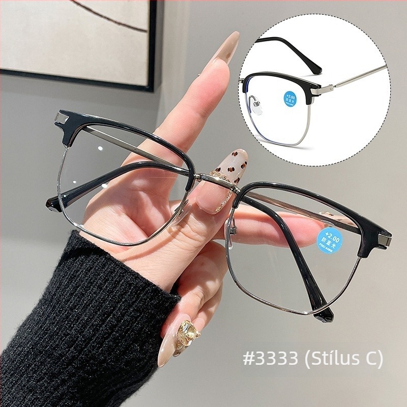 Olvasó szemüveg, fém félkeret, kékfény elleni védelem, HD szemvédelem, négyzetes keret