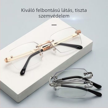 Összecsukható olvasó szemüveg, titániumötvözet keret, keret nélküli dizájn, PC lencsék kékfény- és sugárzás elleni védelemmel, kompakt és könnyű, hosszú arc formához tervezve