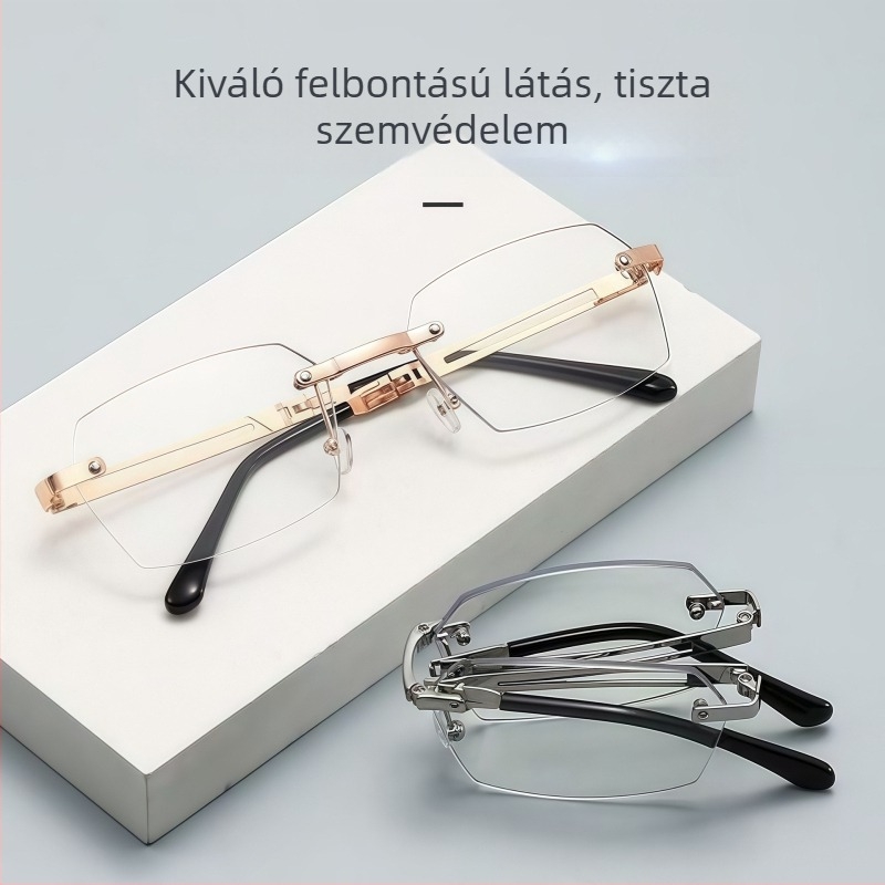 Összecsukható olvasó szemüveg, titániumötvözet keret, keret nélküli dizájn, PC lencsék kékfény- és sugárzás elleni védelemmel, kompakt és könnyű, hosszú arc formához tervezve