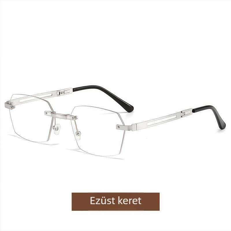 Összecsukható olvasó szemüveg, titániumötvözet keret, keret nélküli dizájn, PC lencsék kékfény- és sugárzás elleni védelemmel, kompakt és könnyű, hosszú arc formához tervezve