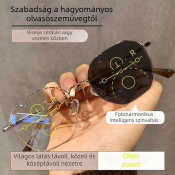 Olvasószemüveg progresszív többfokú lencsékkel a távoli és közeli használathoz, fotokromos lencsék és kékfény elleni védelem.