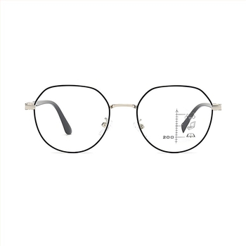 Olvasószemüveg progresszív többfokú lencsékkel a távoli és közeli használathoz, fotokromos lencsék és kékfény elleni védelem.