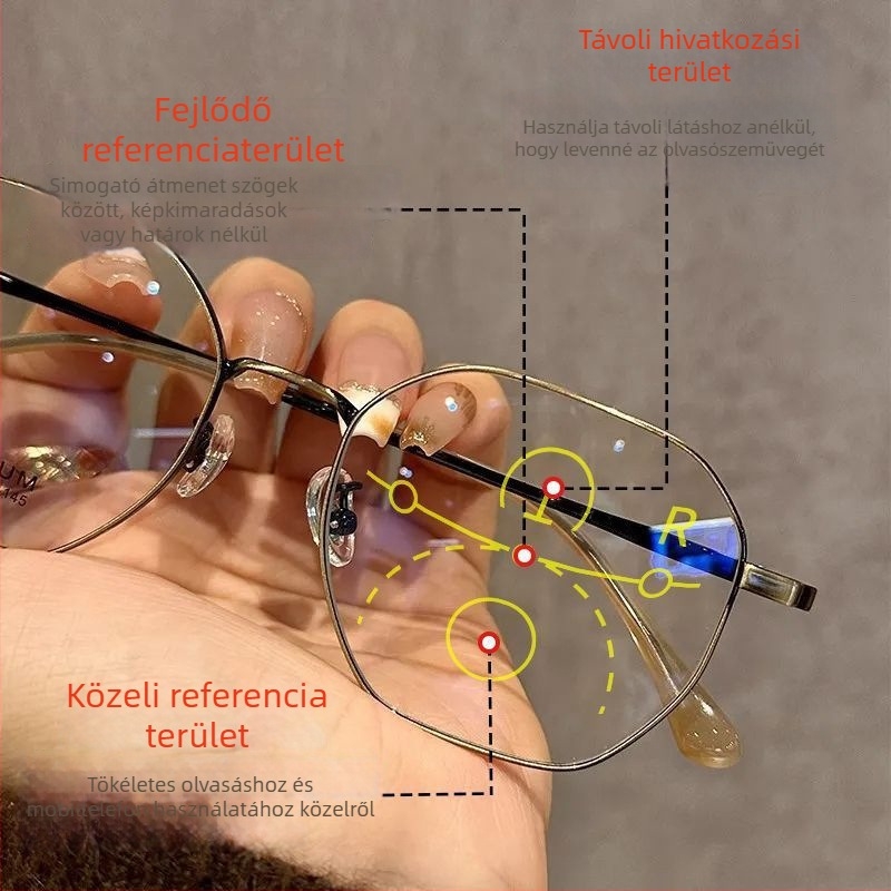 Olvasószemüveg progresszív többfokú lencsékkel a távoli és közeli használathoz, fotokromos lencsék és kékfény elleni védelem.