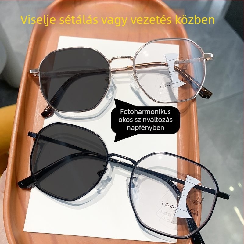 Olvasószemüveg progresszív többfokú lencsékkel a távoli és közeli használathoz, fotokromos lencsék és kékfény elleni védelem.