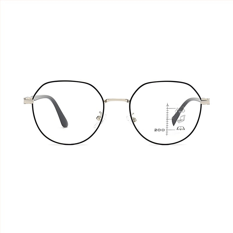 Olvasószemüveg progresszív többfokú lencsékkel a távoli és közeli használathoz, fotokromos lencsék és kékfény elleni védelem.