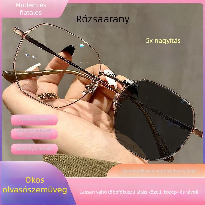 Olvasószemüveg progresszív többfokú lencsékkel a távoli és közeli használathoz, fotokromos lencsék és kékfény elleni védelem.