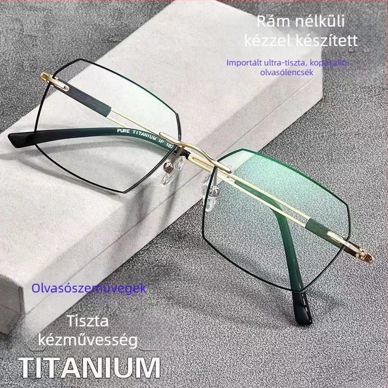 Anti-kék fény olvasó szemüveg keret nélküli, gyémánt alakú poligonális formával, nagy arcúak számára