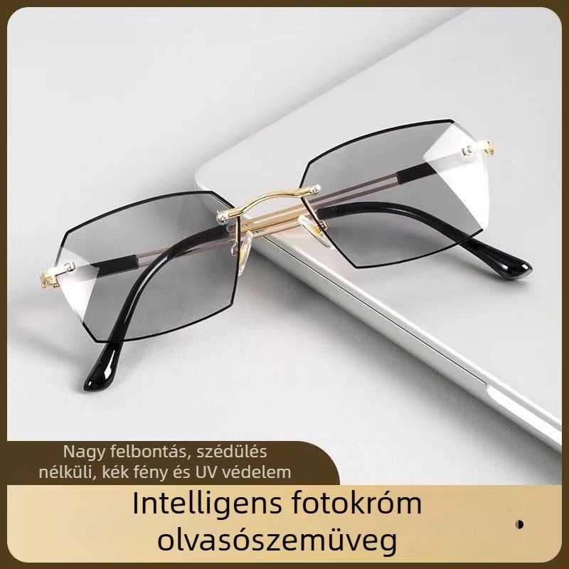 Anti-kék fény olvasó szemüveg keret nélküli, gyémánt alakú poligonális formával, nagy arcúak számára