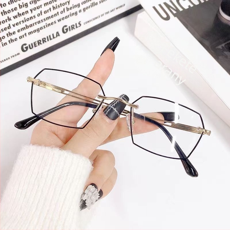 Anti-kék fény olvasó szemüveg keret nélküli, gyémánt alakú poligonális formával, nagy arcúak számára