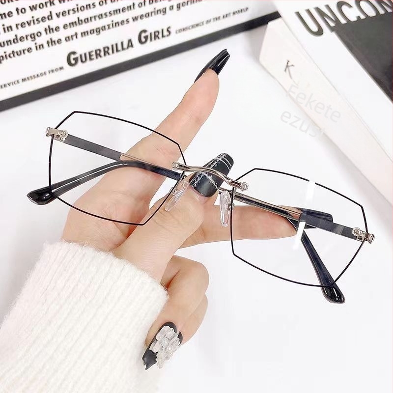 Anti-kék fény olvasó szemüveg keret nélküli, gyémánt alakú poligonális formával, nagy arcúak számára