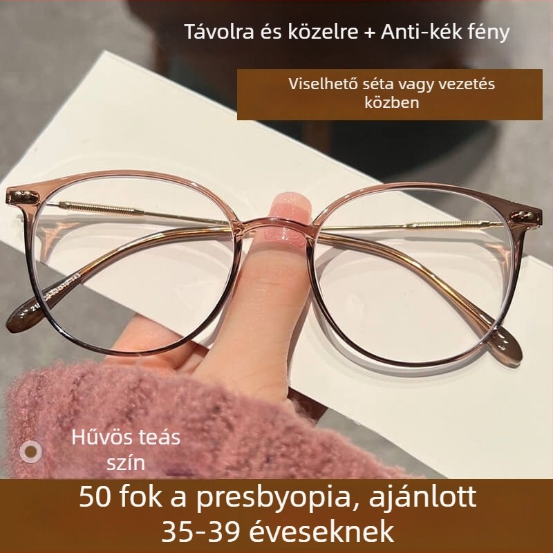 Olvasószemüveg multifokális műanyag-lencsékkel, anti-kék fény védelemmel, teljes TR90 keret, kerek design, rövidlátás-kompatibilis.