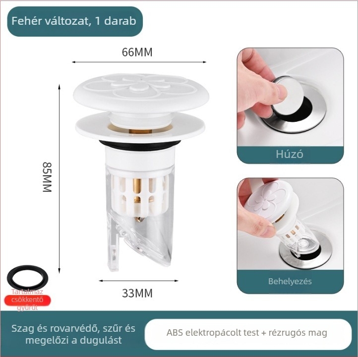 Nyomógombos mosdólefolyó dugóval, anti-odor bounce core, réz, CNC megmunkálás, modern-minimalista stílus