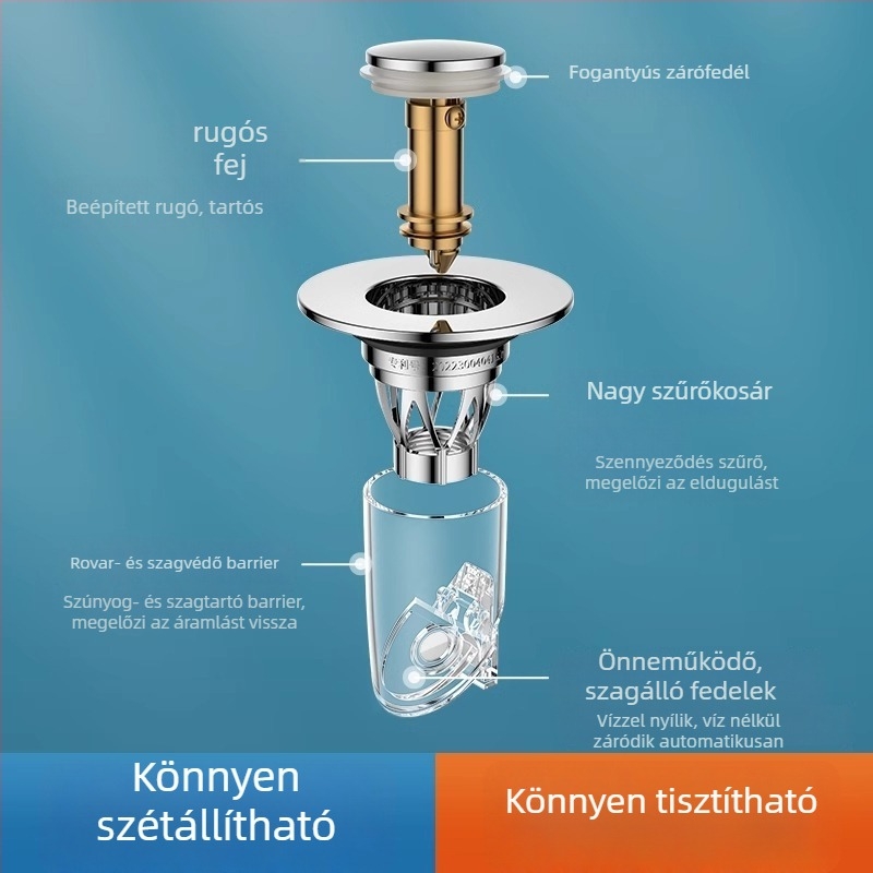 Nyomógombos mosdólefolyó dugóval, anti-odor bounce core, réz, CNC megmunkálás, modern-minimalista stílus