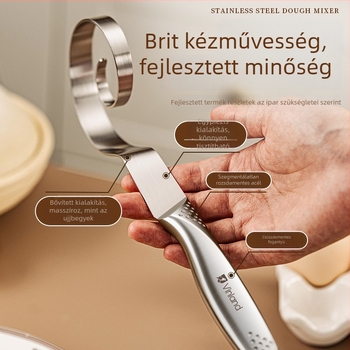 Kézi tésztakeverő rozsdamentes acélból, dagasztó kampóval és tojásfelverővel, otthoni használatra