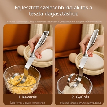 Kézi tésztakeverő rozsdamentes acélból, dagasztó kampóval és tojásfelverővel, otthoni használatra